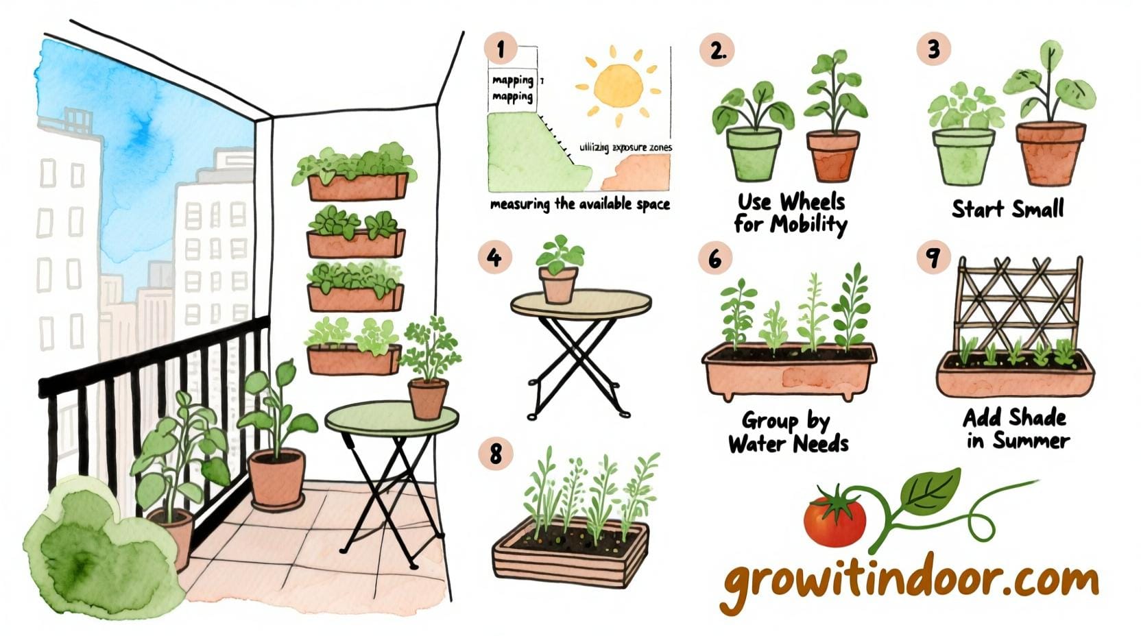 Illustrated guide to designing a compact balcony garden in 10 easy steps with vertical planters, containers, and sun planning – growitindoor.com