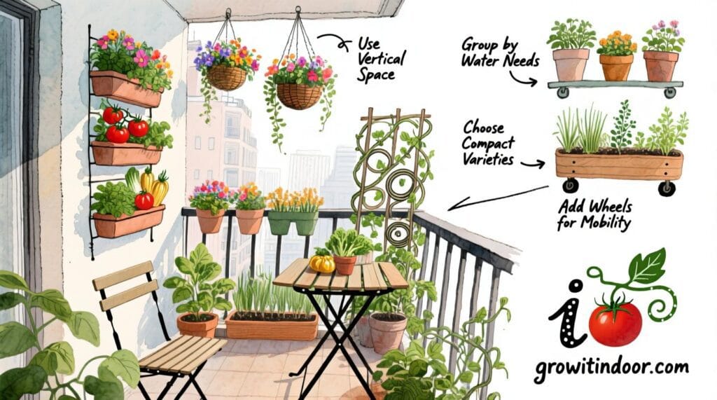 Illustrated guide to balcony gardening ideas with vertical planters, hanging pots, and compact setups for small urban spaces – growitindoor.com