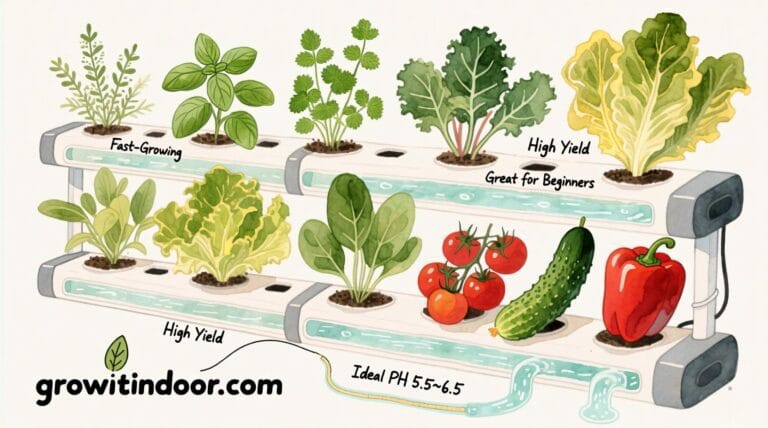 Illustrated guide to the best hydroponic plants including basil, lettuce, cherry tomatoes, and spinach for soil-free indoor gardening – growitindoor.com