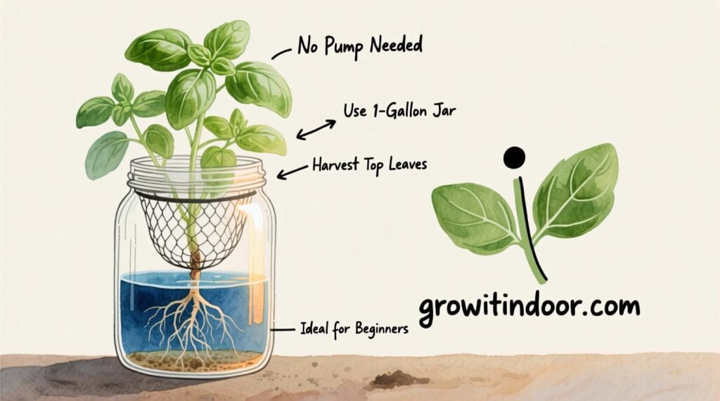 Illustrated guide to growing basil hydroponically using the Kratky method with a jar, net pot, and nutrient solution – growitindoor.com
