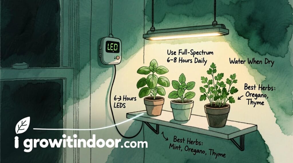 Illustrated guide to growing herbs indoors without sunlight using LED grow lights and low-light tolerant varieties – growitindoor.com