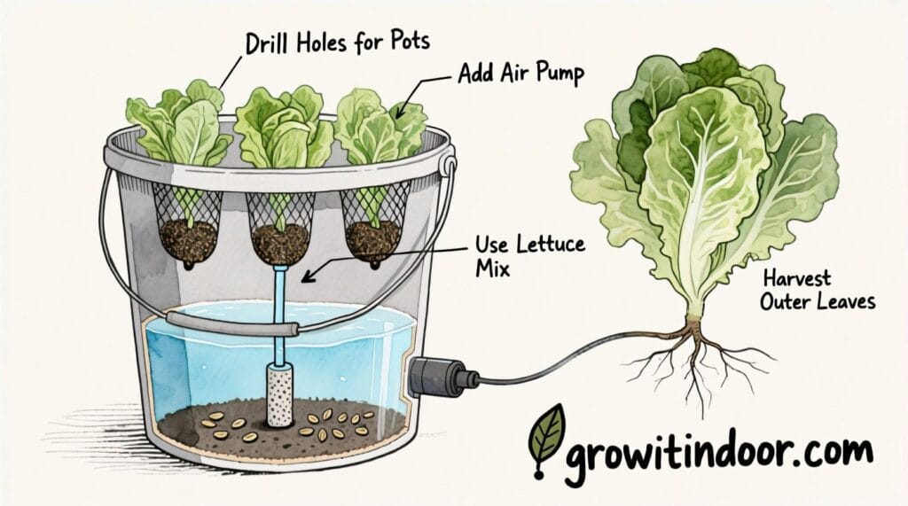 Illustrated guide to growing lettuce in a 5-gallon bucket with a DIY hydroponic setup using net pots, air stone, and nutrient solution – growitindoor.com