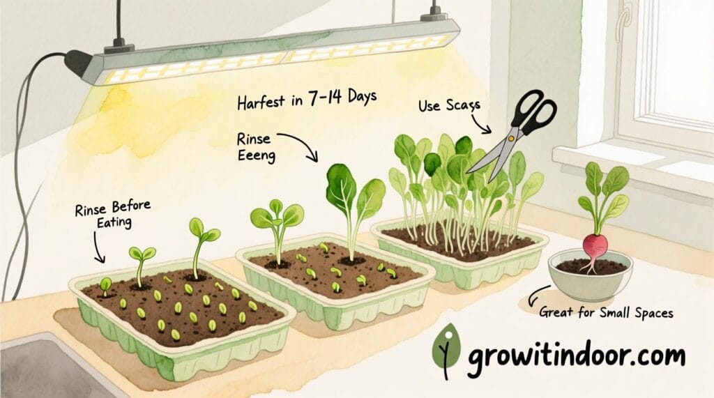 Illustrated guide to growing microgreens indoors in an apartment, showing trays, growth stages, and harvest tips for fresh, fast greens – growitindoor.com