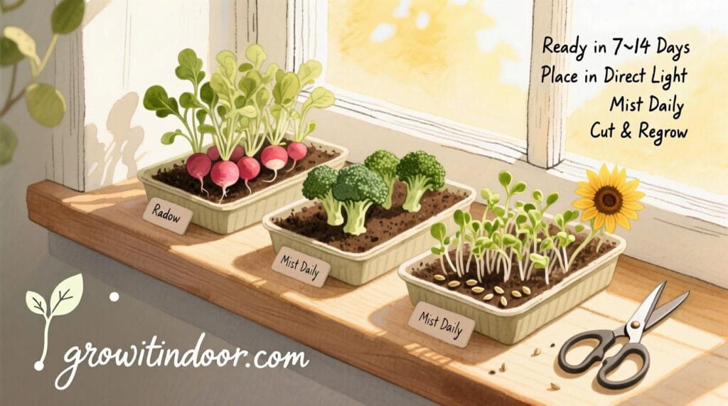 Illustrated guide to growing microgreens on a windowsill with simple trays, natural light, and quick harvest tips – growitindoor.com