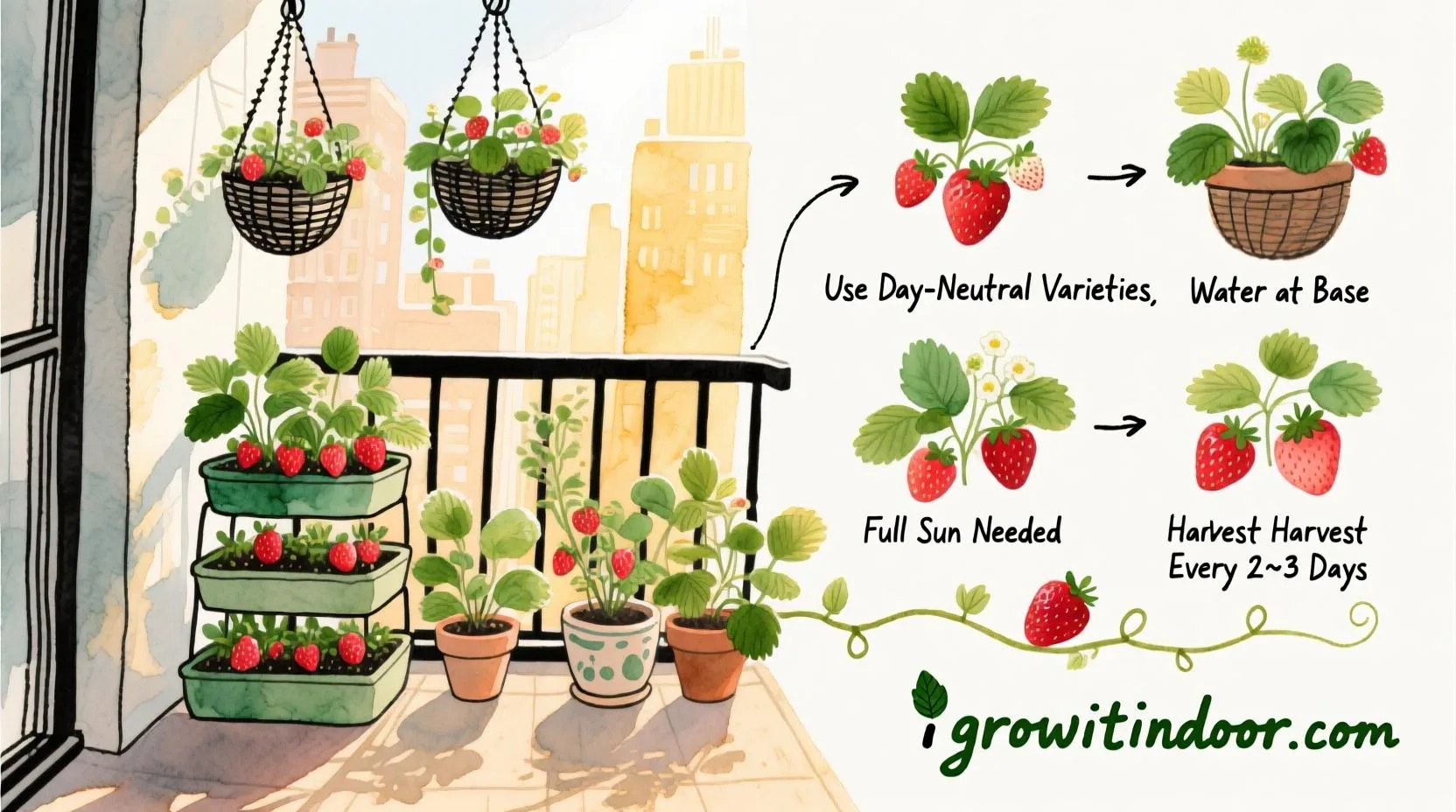 Illustrated guide to growing sweet strawberries on small balconies using hanging baskets and compact planters for fast, fresh harvests – growitindoor.com