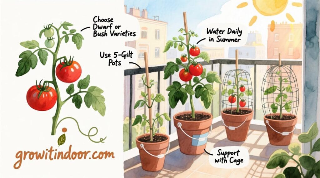 Illustrated step-by-step guide to growing tomatoes on a balcony with compact pots, dwarf varieties, and sun exposure tips – growitindoor.com