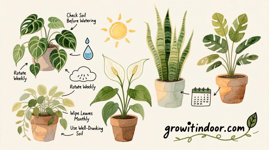 Illustrated beginner's guide to caring for indoor plants with watering, light, and humidity tips for pothos, snake plant, and peace lily – growitindoor.com