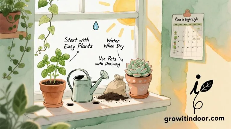 Illustrated beginner's guide to starting a home garden with easy plants, pots, and watering tips for indoor success – growitindoor.com