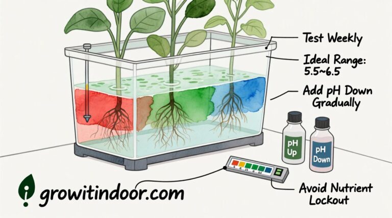 Illustrated guide to hydroponic pH management, showing testing, adjustment, and ideal ranges for maximum plant growth and nutrient uptake – growitindoor.com