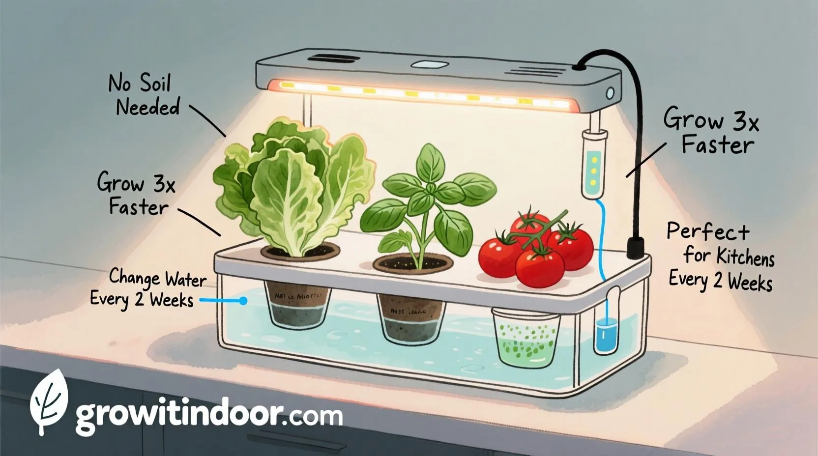 Illustrated beginner's guide to hydroponics with a simple system growing lettuce, basil, and tomatoes without soil – growitindoor.com