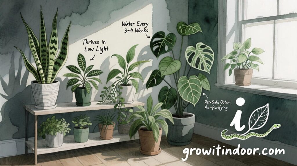 Illustrated guide to low light houseplants like snake plant, ZZ plant, and pothos that thrive in dark rooms with minimal care – growitindoor.com