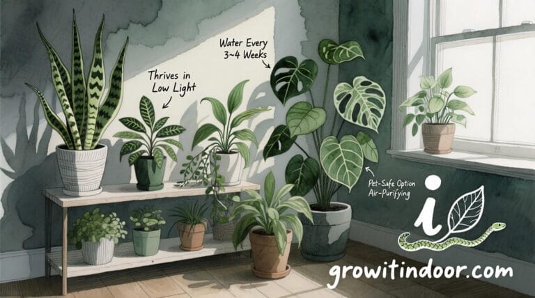 Illustrated guide to low light houseplants like snake plant, ZZ plant, and pothos that thrive in dark rooms with minimal care – growitindoor.com