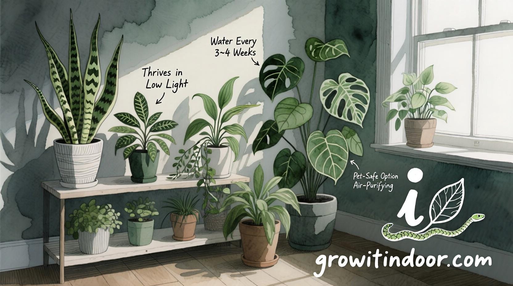 Illustrated guide to low light houseplants like snake plant, ZZ plant, and pothos that thrive in dark rooms with minimal care – growitindoor.com