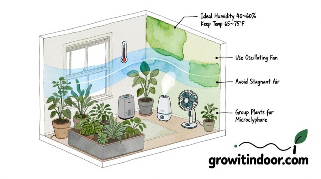 Illustrated guide to optimizing indoor grow conditions with humidity, temperature, and airflow control for healthy houseplants and herbs – growitindoor.com