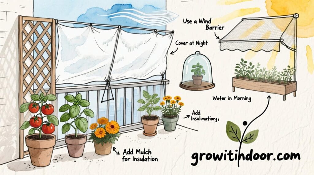 Illustrated guide to protecting balcony plants from wind, frost, and heat with windbreaks, covers, and shading techniques – growitindoor.com