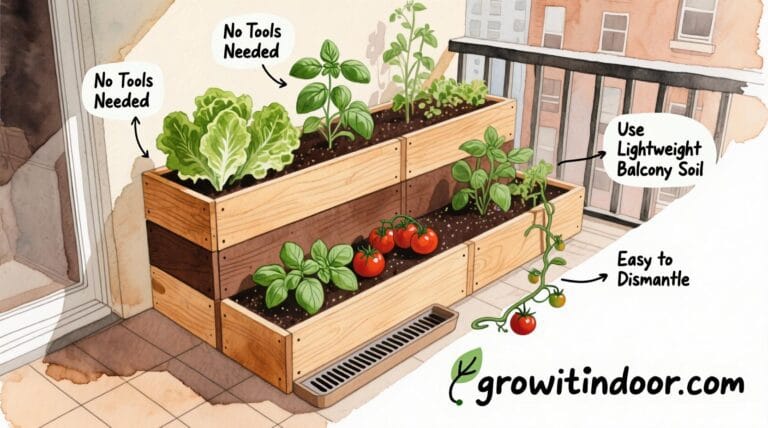 Illustrated guide to building a raised garden bed for renters with no-drill, modular planters for balconies and small outdoor spaces – growitindoor.com