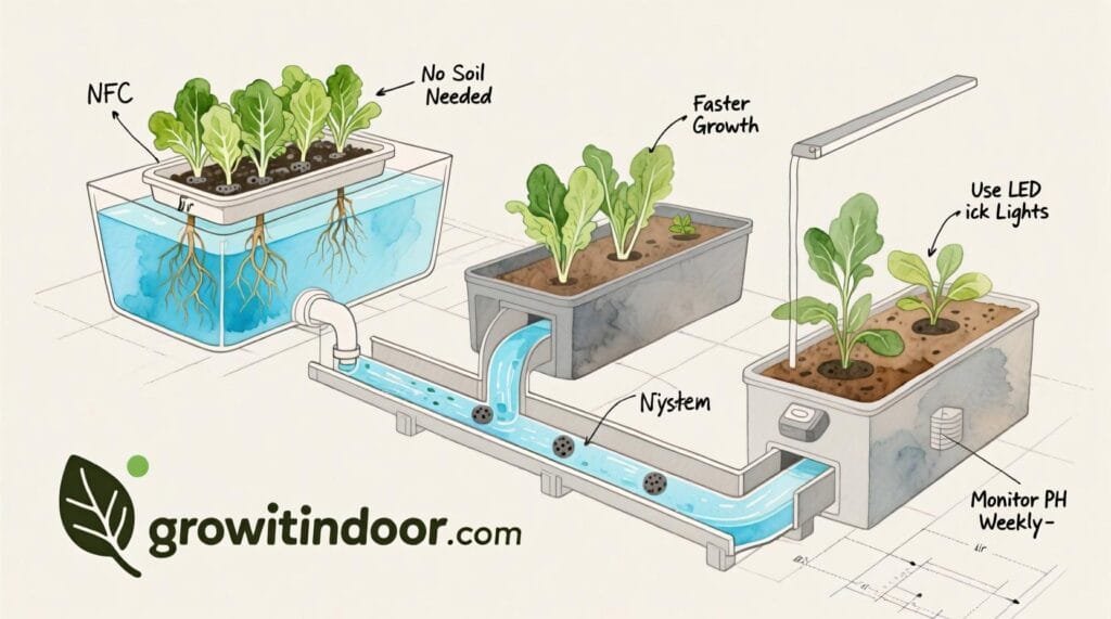 Illustrated guide to soil-free gardening with hydroponic systems like DWC and NFT for growing herbs and vegetables without soil – growitindoor.com