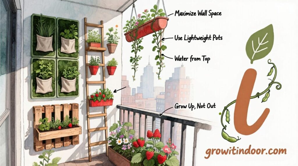 Illustrated guide to building a vertical garden on a balcony with modular panels, pocket planters, and trellises for herbs and vegetables – growitindoor.com