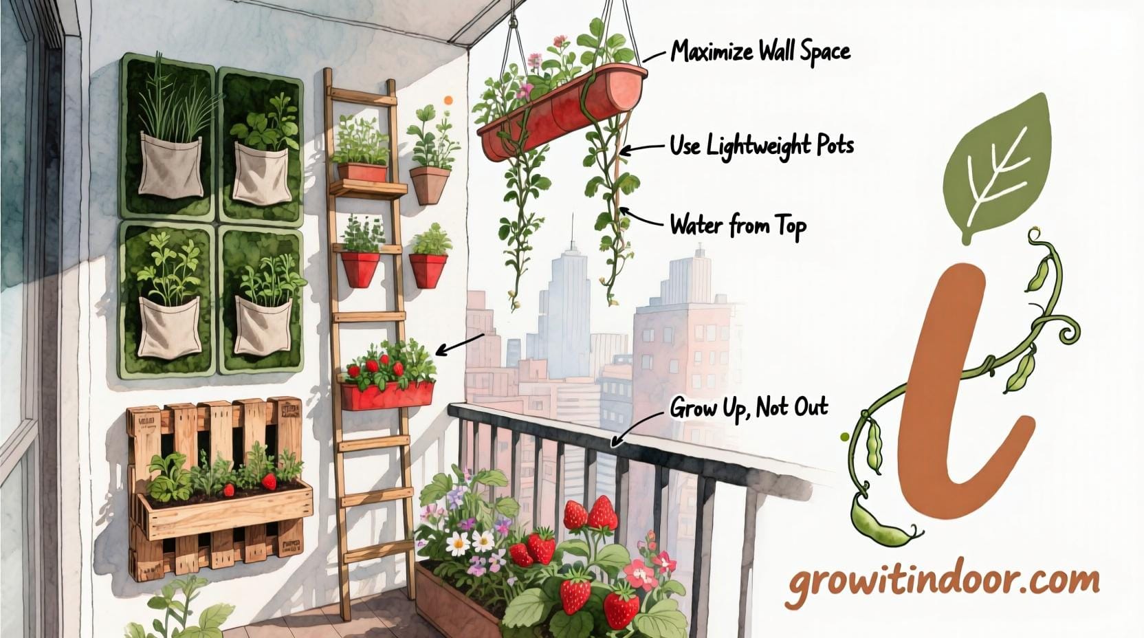 Illustrated guide to building a vertical garden on a balcony with modular panels, pocket planters, and trellises for herbs and vegetables – growitindoor.com