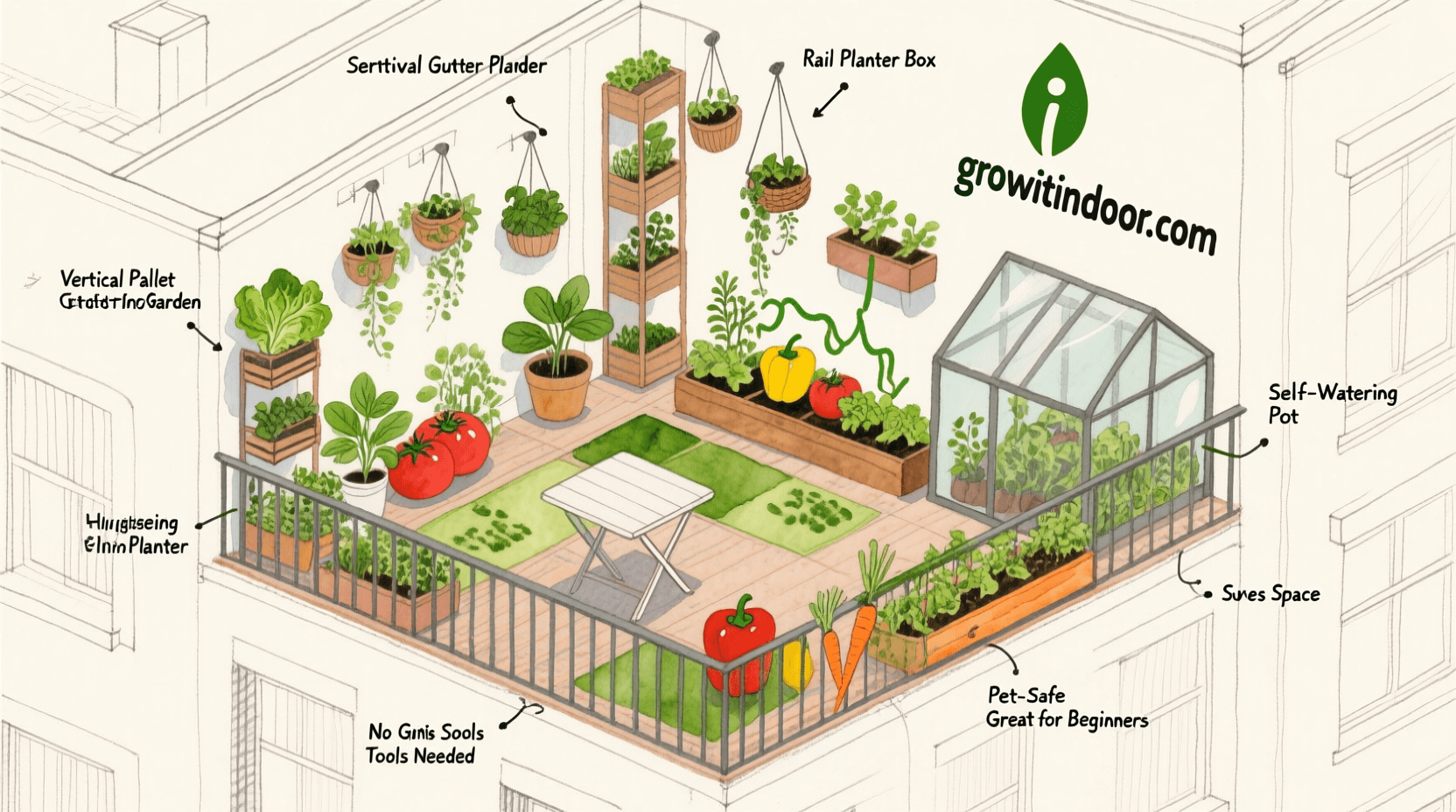 Illustrated blueprint-style guide to 15 balcony garden ideas, including vertical planters, rail boxes, and hanging gutters for growing food in urban spaces – growitindoor.com