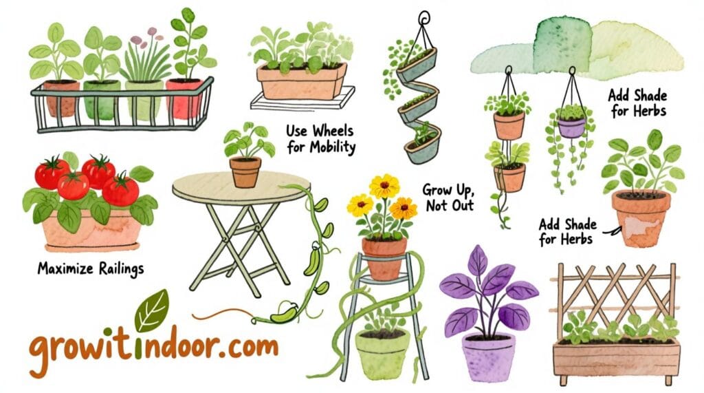 Illustrated guide to balcony gardening in small urban spaces, showing rail planters, stackable pots, and vertical setups for growing food and flowers – growitindoor.com