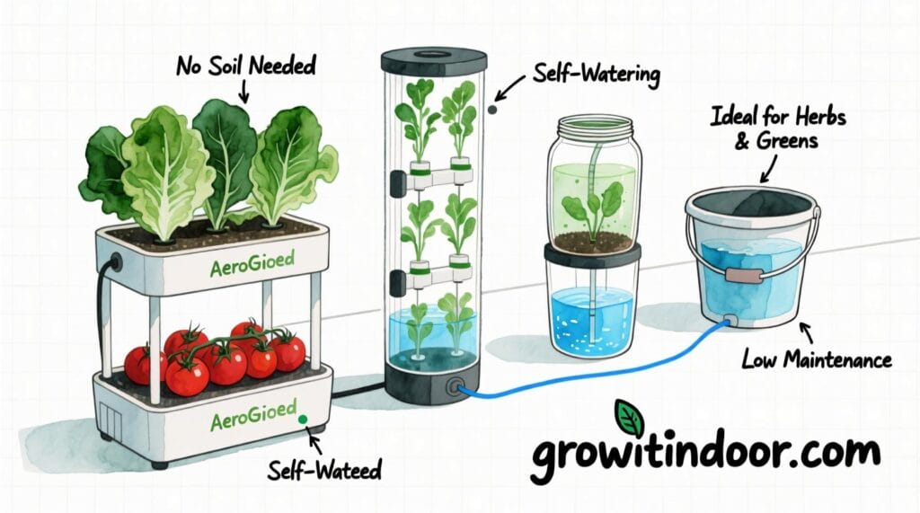 Illustrated guide to the best hydroponic systems for small apartments, including AeroGarden, NFT tower, and Kratky jar for growing herbs and vegetables – growitindoor.com