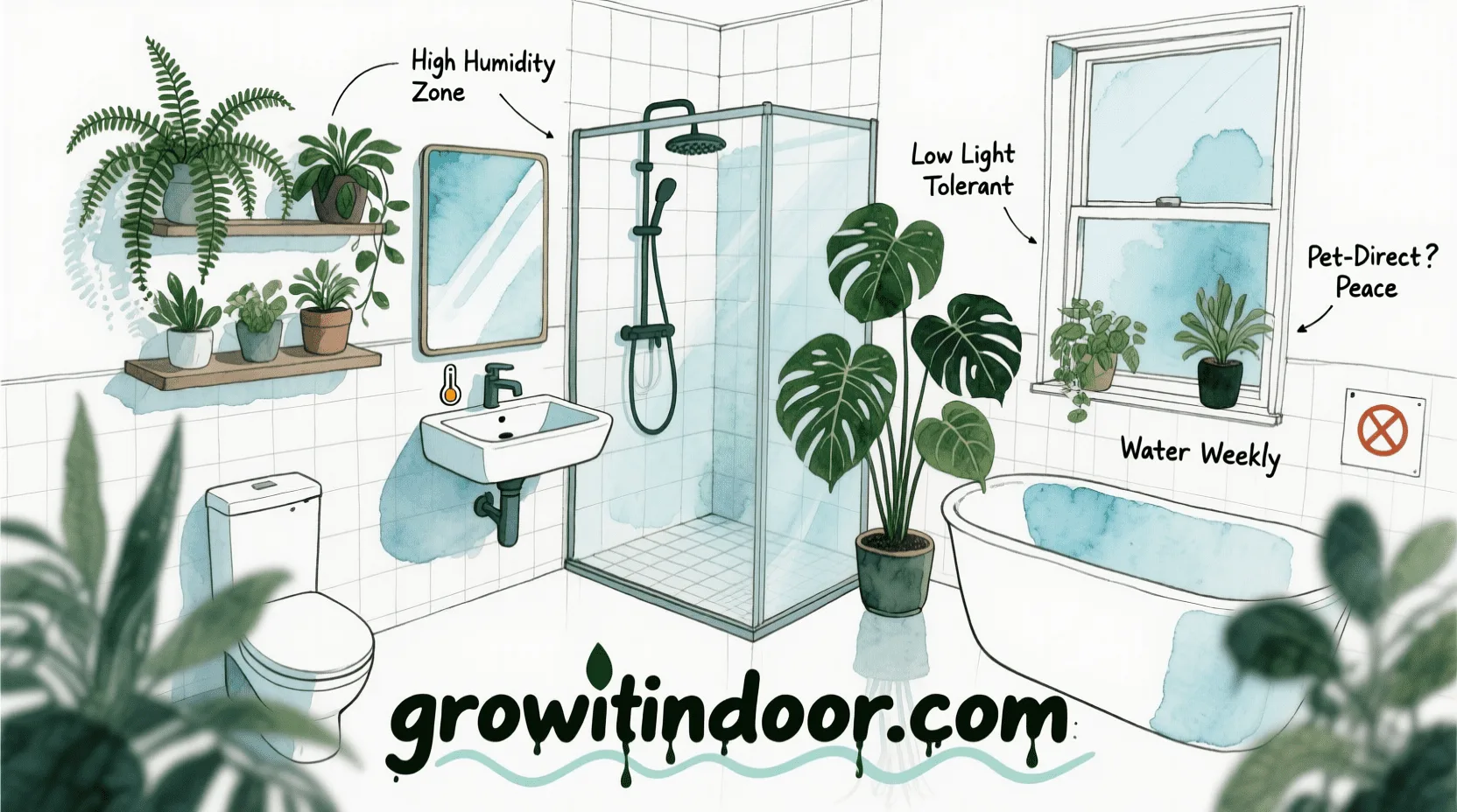 Illustrated blueprint-style guide to the best plants for bathrooms and low-light areas, including ferns, pothos, and ZZ plant – growitindoor.com