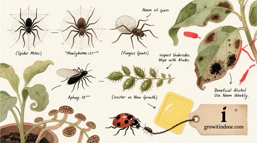 Illustrated blueprint-style guide to identifying common houseplant pests like spider mites and mealybugs, with natural treatment methods – growitindoor.com