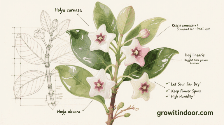 Illustrated blueprint-style guide to the Hoya wax plant, showing varieties, flower structure, and care tips like light and watering needs – growitindoor.com