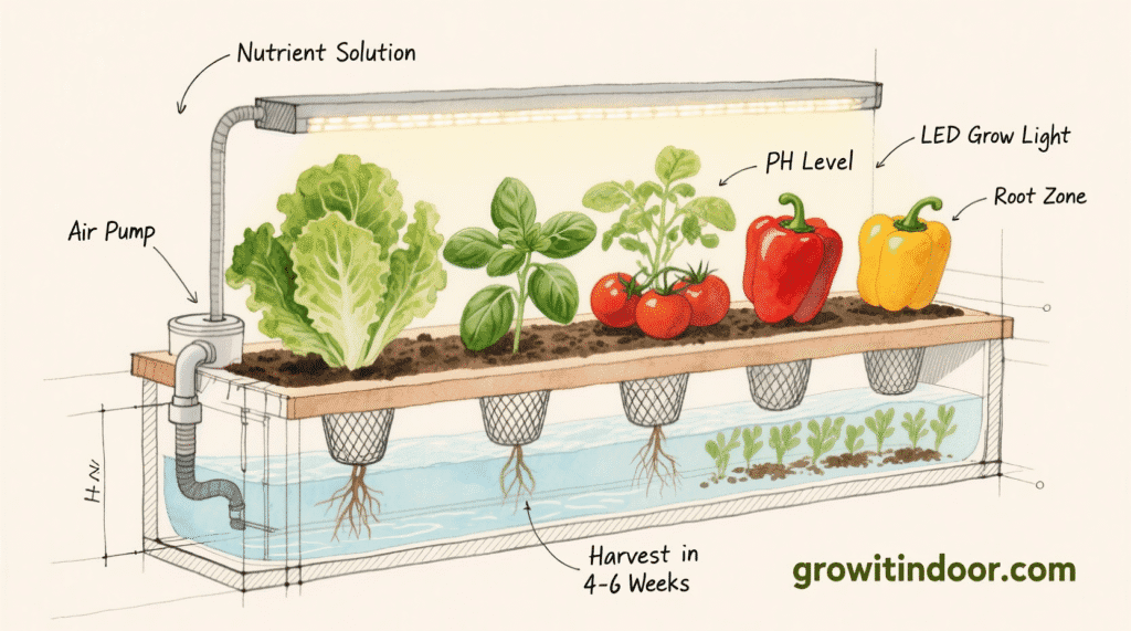 Illustrated blueprint-style guide to hydroponic indoor gardening, showing a simple system with nutrient solution, LED light, and growing vegetables like lettuce and tomatoes – growitindoor.com