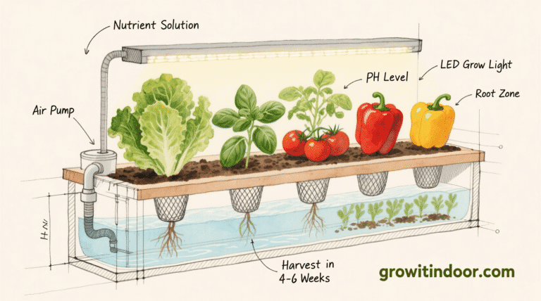 Illustrated blueprint-style guide to hydroponic indoor gardening, showing a simple system with nutrient solution, LED light, and growing vegetables like lettuce and tomatoes – growitindoor.com