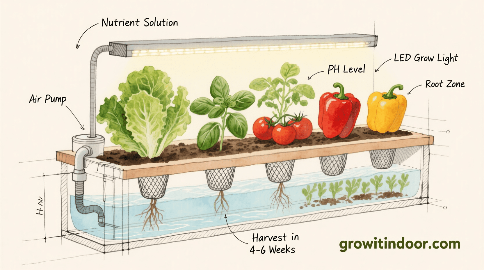 Illustrated blueprint-style guide to hydroponic indoor gardening, showing a simple system with nutrient solution, LED light, and growing vegetables like lettuce and tomatoes – growitindoor.com