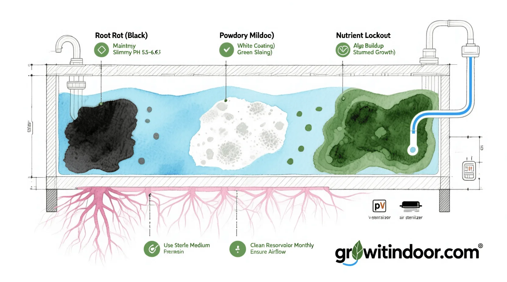 Illustrated blueprint-style guide to hydroponic plant diseases like root rot and powdery mildew, with prevention and treatment tips – growitindoor.com
