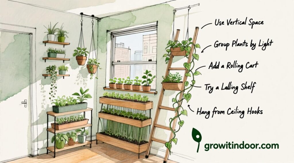 Illustrated guide to designing an indoor garden in a small apartment, featuring tiered shelves, hanging planters, and vertical layouts for maximum greenery – growitindoor.com