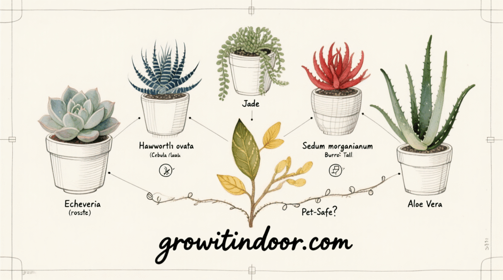 Illustrated blueprint-style guide to the best low-maintenance succulents, including echeveria, jade plant, and burro’s tail, with care tips and propagation methods – growitindoor.com