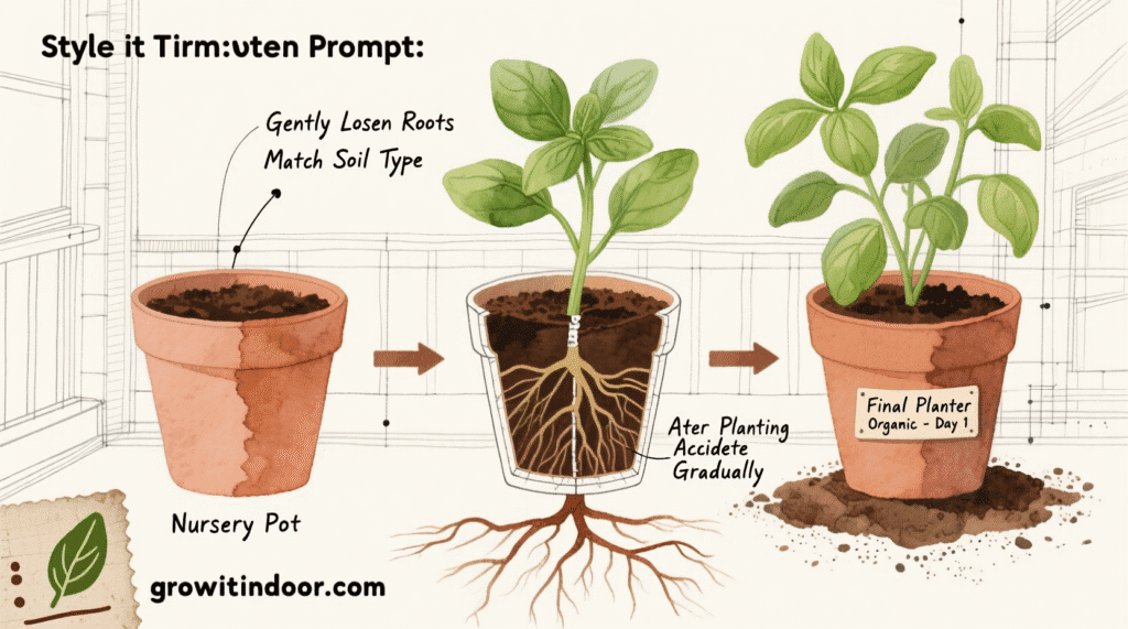 Illustrated blueprint-style guide to transplanting organic plants from nursery pots to your garden, with steps for root care and soil matching – growitindoor.com