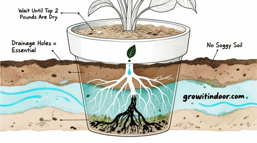 Illustrated blueprint-style guide to watering indoor plants perfectly, showing moisture zones, root health, and drainage tips – growitindoor.com
