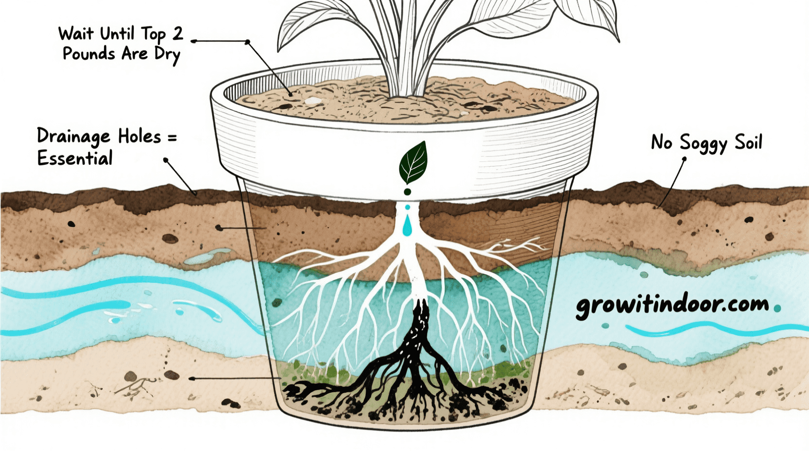 Illustrated blueprint-style guide to watering indoor plants perfectly, showing moisture zones, root health, and drainage tips – growitindoor.com