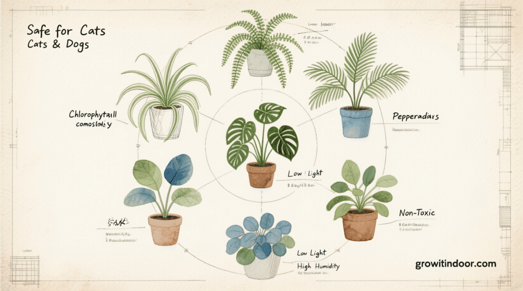 Illustrated guide to the top 10 pet-friendly houseplants, including spider plant, Boston fern, and parlor palm, labeled with care tips and safety info – growitindoor.com