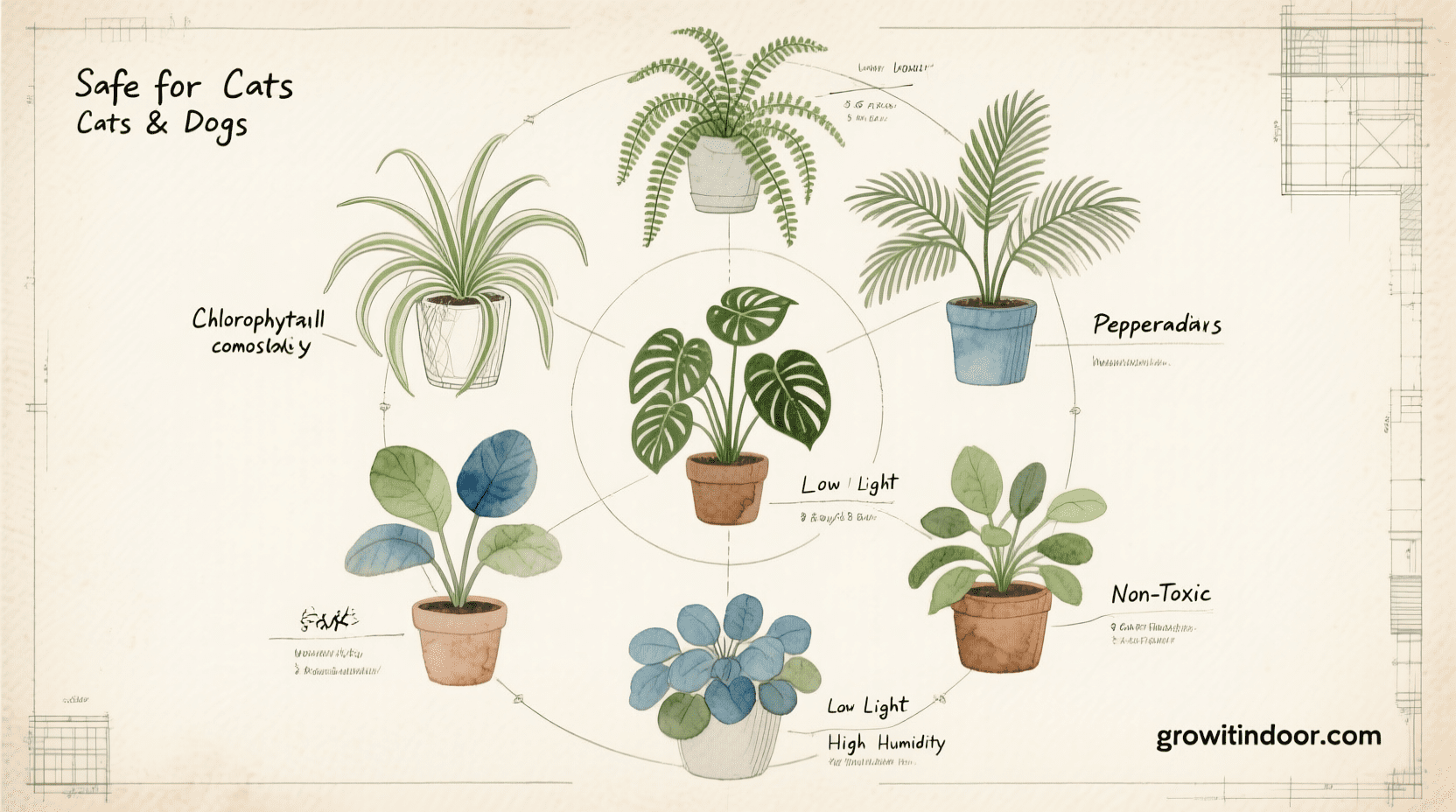 Illustrated guide to the top 10 pet-friendly houseplants, including spider plant, Boston fern, and parlor palm, labeled with care tips and safety info – growitindoor.com