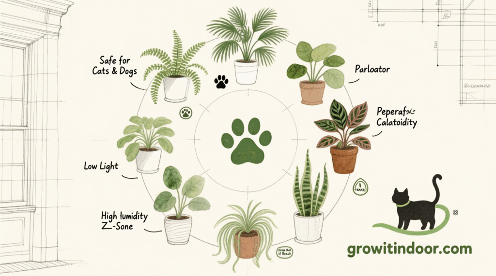 Illustrated blueprint-style guide to pet-safe houseplants, including spider plant, parlor palm, and calathea, labeled as non-toxic for cats and dogs – growitindoor.com