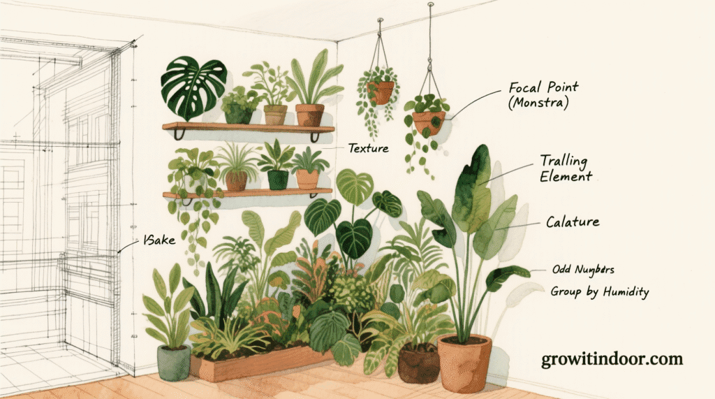 Illustrated blueprint-style guide to plant clustering with labeled roles (focal point, trailing, texture) and design principles for creating a vibrant indoor jungle – growitindoor.com