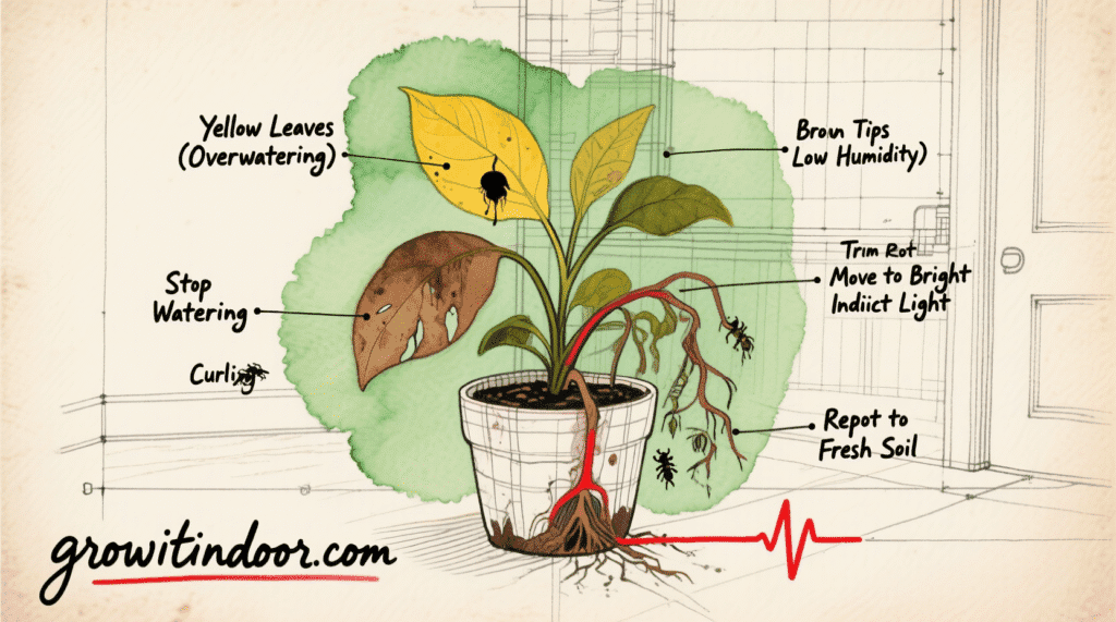 Illustrated blueprint-style guide to diagnosing and rescuing a dying houseplant, with labeled symptoms like yellow leaves and root rot – growitindoor.com
