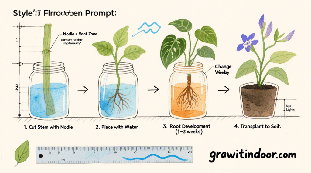 Illustrated blueprint-style guide to propagating houseplants in water, showing stem cutting, root development, and transplant steps – growitindoor.com