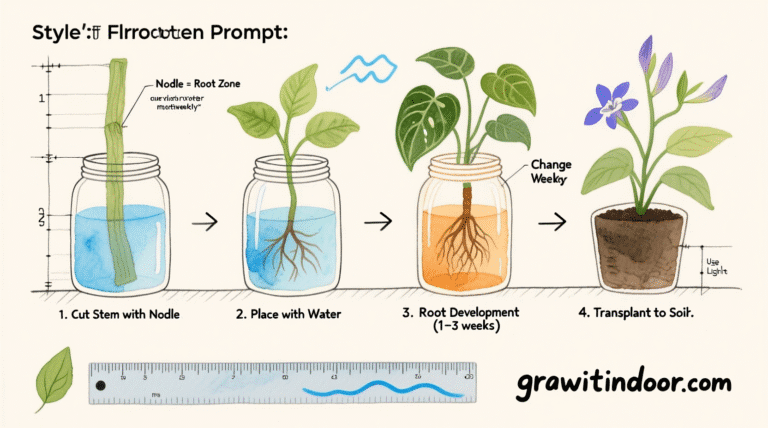 Illustrated blueprint-style guide to propagating houseplants in water, showing stem cutting, root development, and transplant steps – growitindoor.com