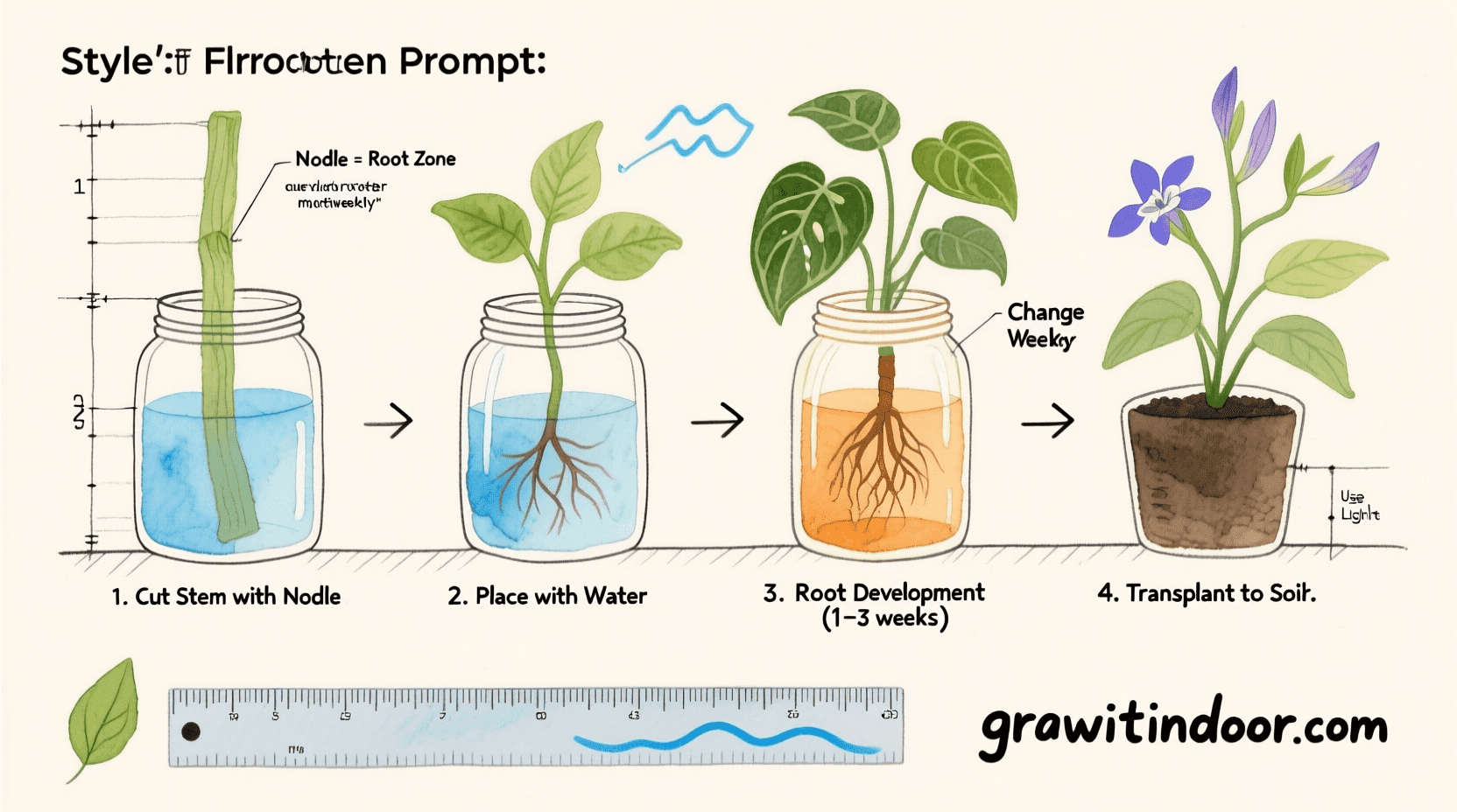 Illustrated blueprint-style guide to propagating houseplants in water, showing stem cutting, root development, and transplant steps – growitindoor.com
