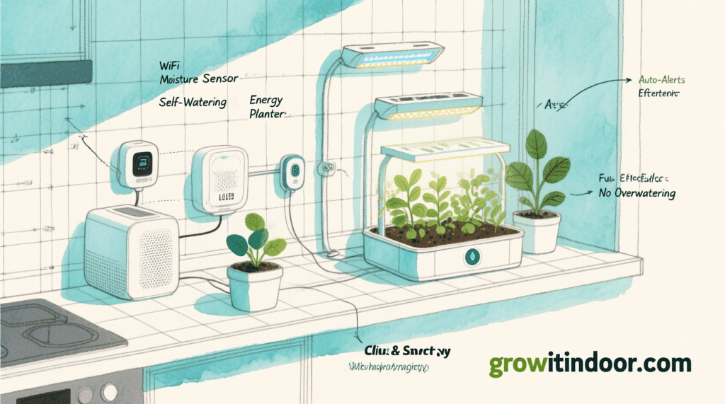 Illustrated blueprint-style guide to smart indoor gardening devices like moisture sensors, self-watering pots, and LED grow lights, labeled with functions and benefits – growitindoor.com