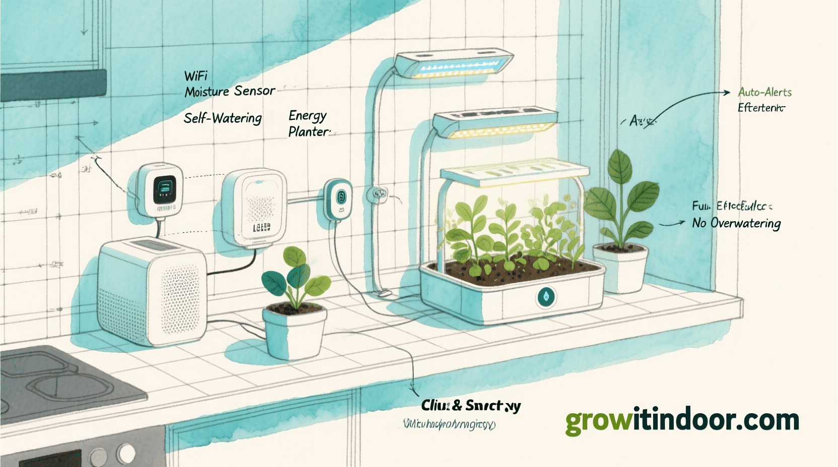 Illustrated blueprint-style guide to smart indoor gardening devices like moisture sensors, self-watering pots, and LED grow lights, labeled with functions and benefits – growitindoor.com