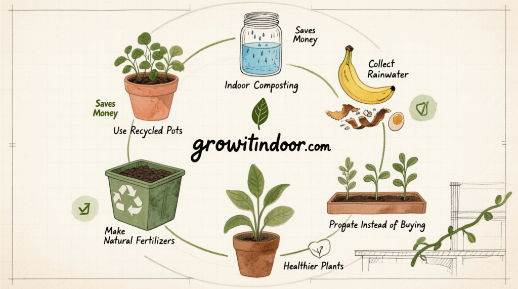 Illustrated blueprint-style guide to 5 sustainable indoor gardening practices: recycled containers, composting, rainwater collection, natural fertilizers, and propagation – growitindoor.com