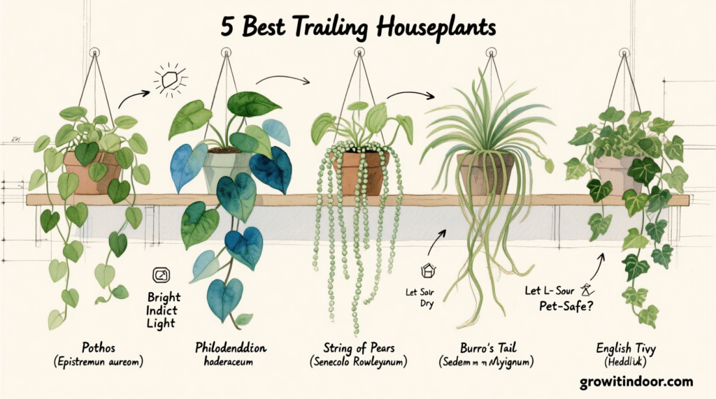 Illustrated blueprint-style guide to the 5 best trailing houseplants, including pothos, philodendron, and string of pearls, with growth patterns and care tips – growitindoor.com